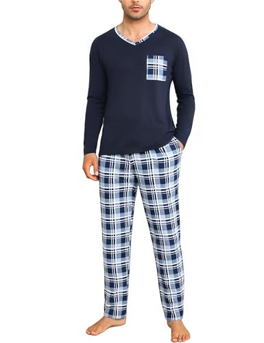 Aseniza Pigiama da Uomo Invernale in Cotone Set Pigiama Due Pezzi Maniche Lunghe con Scollo a V e Pantaloni Scozzesi con Tasche(265-Blu Scuro e Bianco,XL)