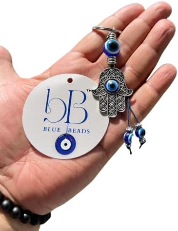 BLUE BEADS Silver Color Blue Evil Eye With Fatima Hamsa Hand Keychain For Bik...