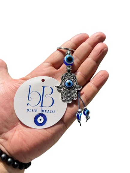BLUE BEADS Silver Color Blue Evil Eye With Fatima Hamsa Hand Keychain For Bik...