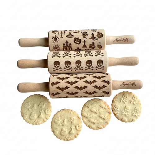 HALLOWEEN 3 Mini Embossed Rolling Pin Set. Wooden Laser Engraved Textured rolling pins for Cookies, Modeline, Ceramic with Skulls, Bats, Halloween by Algis Crafts