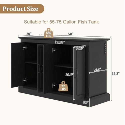 Image of 55-75 Gallon Aquarium Stand with Power Outlet, Heavy Duty Fish Tank Stand with 4 Cabinets, Storage Cabinet for Turtle Tank & Reptile Terrarium, 880LBS (50 inch-Black)