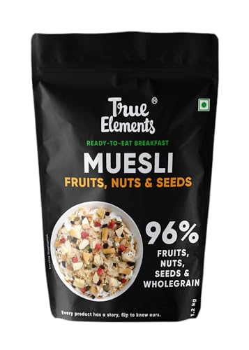 Image of Muesli Fruit and Nuts 1.2kg by True Elements- With Real Fruits & Almonds | 100% Wholegrain | Cereal for Breakfast | Protein Muesli | No Added Sugar | Super Value Pack