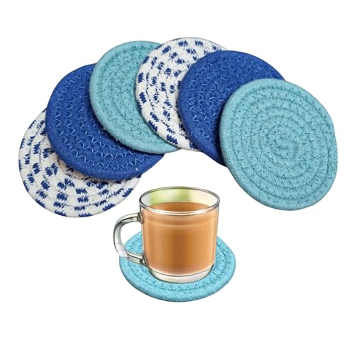 Image of Set of 6 Cotton Drink Coasters - Teal Blue Absorbent Table Mats for Hot & Cold Drinks, Round Fabric Coasters for Dining Table, Tea /Coffee /Cold Drinks- 10 cms
