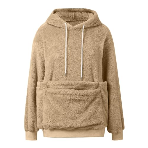 Hrwauag Women Warm Sherpa Hoodie with Spacious Front Pocket Long Sleeve Drawstring Winter Loose Hooded Sweatshirt for Daily Beige - image 4