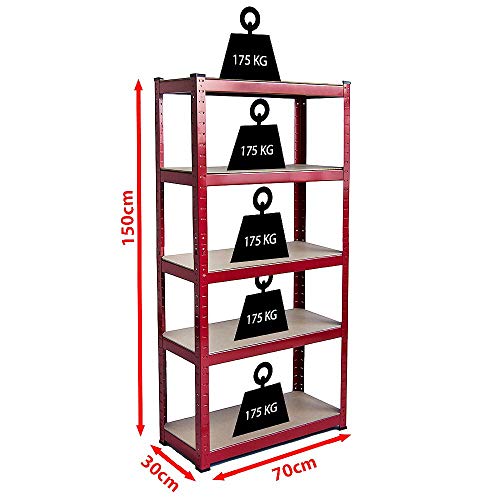 Home Vida 5 Tier Red Heavy Duty Adjustable Steel Garage Shelving Unit (H) 1500mm (W) 700mm - 875kg Weight Capacity - Image 4