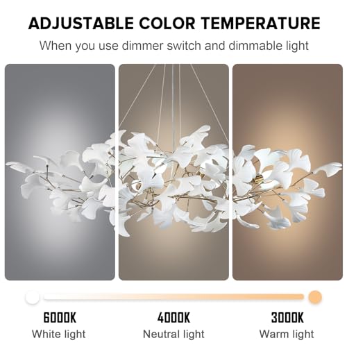 Image of Tree Branch Chandelier White Ceramic Ginkgo Leaf Chandeliers L47 Inch Brass Rectangle Chandelier Large Luxury Hanging Lights Fixture for Dining Room Living Room, 6-Light
