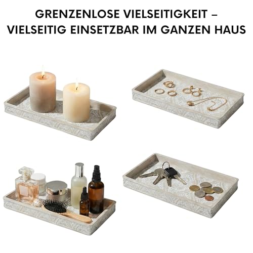Kook Time Rechteckiges Tablett Serie Damask - Dekorative Ablageschale für Bad, Schlafzimmer, Flur oder Schmuck - Florales Relief - 31 x 15 cm - Creme
