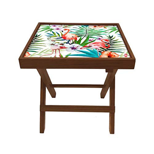 Image of Nutcase Designer Teak Wood Side Table Folding Wooden Bedside Coffee Outdoor Picnic Table - Flamingoes Floral