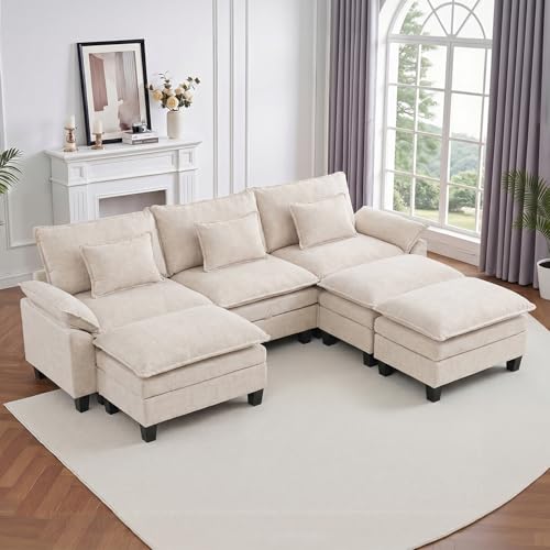 Image of IPKIG 117 inch Modular Cloud Couch with Storage, C Shaped Sectional Sofa | 3 Seater White Chenille Deep Seat Sectional Couches with Ottoman and Pillow for Living Room, Apartment