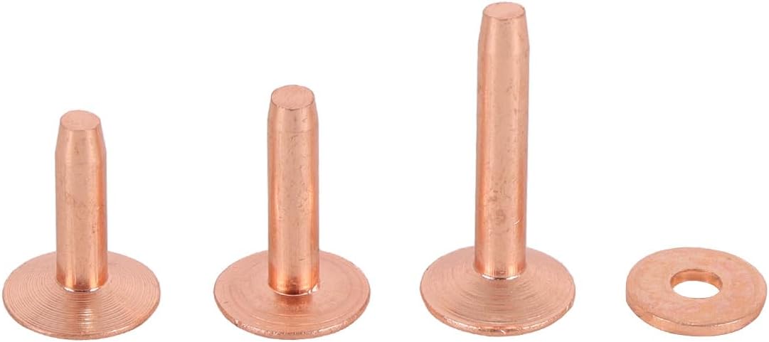 Copper rivets and burrs with installation tool and punch for leather products: belts, bags, wallets and leather craft items.