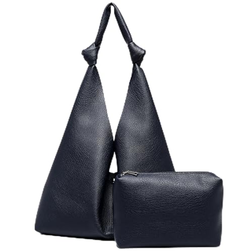 Vegan Leather Hobo Purses set, Slouchy Shoulder Bag Knotted Hobo Bags for Women with a small purse (navy blue)