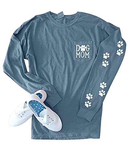 Women Dog Paw Shirt Mom Pullover Cute Lover Graphic Tee Patch Pocket Casual Long Sleeve Shirt