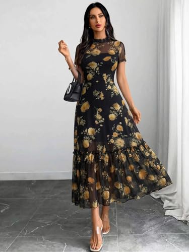 Image of GothDark Women's Summer Floral Mesh Ruffle Dress Short Sleeve Round Neck Waist Cinched Casual Maxi Wedding Guest Dresses