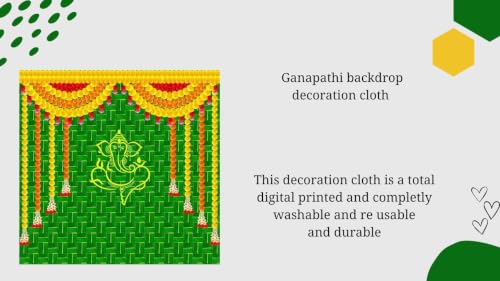 Image of Ganesha Backdrop Decoration Cloth | Green Coconut Leaf Background Cloth with Yellow Ganesha Line Art and Top Flower Garlands | laxmi Backdrop for Pooja 5x5 feet