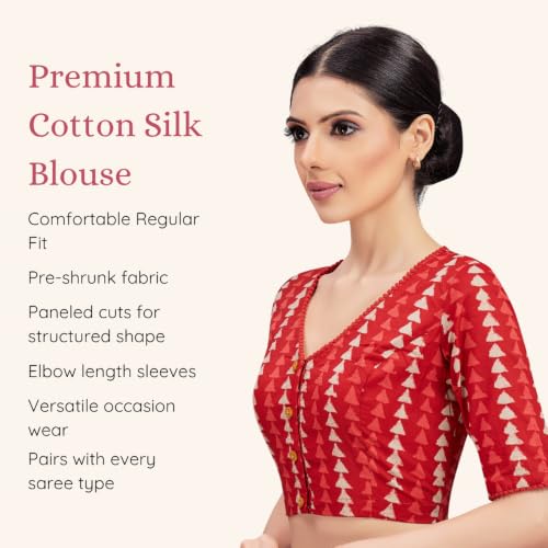 Image of Studio Shringaar Women's Cotton Block Printed Elbow Length Sleeves Saree Blouse.