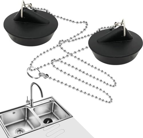 2 copas con cadena de bolas de acero inoxidable, tapón de bañera de 4 cm con cadena de 40 cm, tapón de lavabo, para fregadero de cocina (negro + cadena)