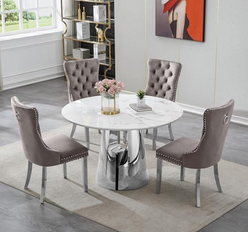 Image of 5-Piece Round Dining Table Set for 4, Modern Faux Marble Kitchen Table and Grey Velvet Chairs Set of 4, Luxury 45 inch Circle White Silver Dining Room Tables with Stainless Steel Base