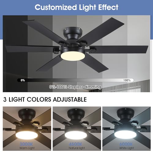 Image of 52 inchModern 6-Blades Black Low Profile Flush Mount Ceiling Fans with Light | Supports Remote and APP,6 Wind Speeds, Reversible, Dimmable 3 Light Colors LED Light, Quiet DC Motor,6 Double-Sided Blades