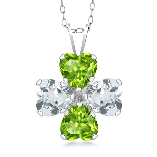 Gem Stone King 925 Sterling Silver Green Peridot and Sky Blue Aquamarine 4 Heart Shape Gemstone August Birthstone Pendant Necklace For Women (3.00 Cttw, 6MM Heart, with 18 Inch Silver Chain)