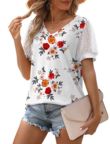 Image of Aokosor Womens Summer Tops V Neck T Shirts Swiss Dot Puff Sleeve Tops Loose Casual Tshirts