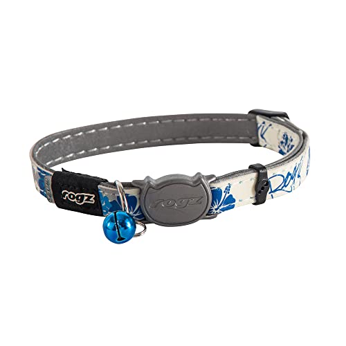 Rogz Glow in the Dark Reflective Cat Collar with Breakaway Clip and Removable Bell, fully adjustable to fit most breeds, Blue Floral Cat Design by Rogz - Used condition - US$8.64