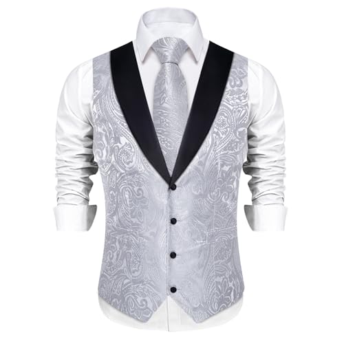 Image of DiBanGu Mens Paisley Suit Vest Silk Jacquard Waistcoat and Necktie Set Formal Shawl Collar Dress Vest 7PCS for Wedding Party