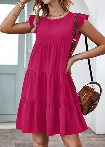 Image of KIRUNDO Summer Dresses for Women Sundress Sleeveless Ruffle Sleeve Round Neck Loose Short Flowy Pleated Mini Babydoll Dress