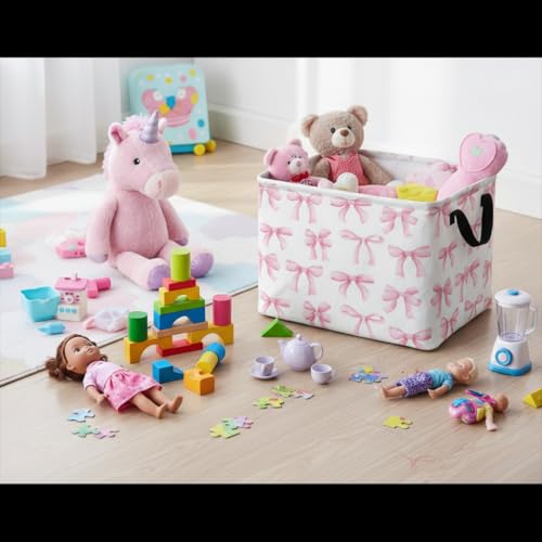 Image of Rectangular Baby Kids Storage Basket for Home Kitchen Girls Cute Toy Storage Bin Organizer Shelf Book Room Decor(Bowknot)