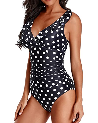 Holipick Women Polka Dot One Piece Swimsuits Tummy Control Bathing Suit Ruffle V Neck Swimwear Slimming Monokini For Teen Girls Medium #TOP1