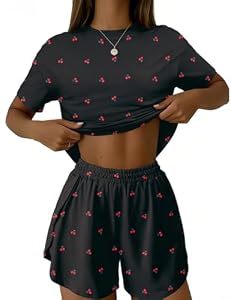 IECCP Schlafanzug Damen Kurz Pyjama Kurzarm Pyjamas Set Nachtwäsche Set Zweiteiliger Sommer Loungewear Sleepwear Hausanzug Schwarz Kirsche L