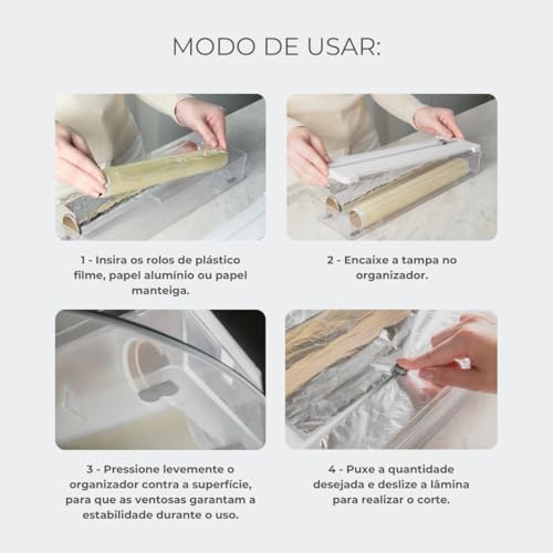 Organizador e Cortador Porta Rolos Duplo Clear | Papel Plástico, Filme, Alumínio, Manteiga | Para Co
