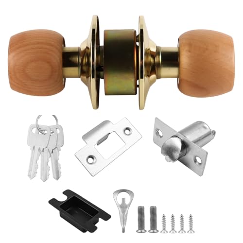 ZONADAH Juego de pomos de bola de madera de haya para entrada, 60 mm, cerradura de puerta interior con mecanismo de bloqueo de 3 llaves, ideal para habitaciones que requieren seguridad adicional