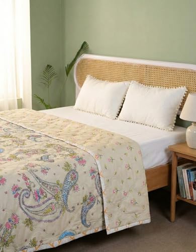 Image of Summer Blanket 100% Cotton Reversible Ac Comforter and Cooling | Classic Printed Design | Quilt | Dohar Single /Double Bed Quilt Ideal for Gifting (Cream, Single)