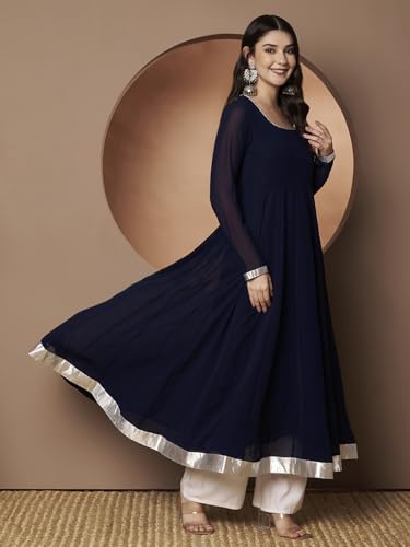 Image of KZA Women's Georgette Hand Embroidered Flared Anarkali Suit for Women | Full Sleeves Flare Anarkali Dress for Woman | Ethnic Flared Anarkali Kurta for Women