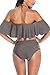 Memory baby Women's Swimsuit Two Piece Leaf Printed Off Shoulder Flounce Bathing Suit (L, Cappuccino Gray)