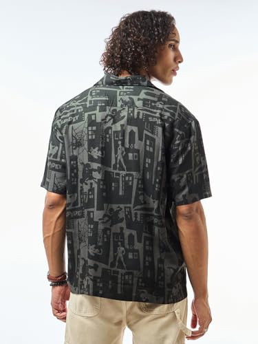 Image of Bewakoof Men's All Over Printed Oversized Fit Half Sleeve Resort Collar Rayon Shirt