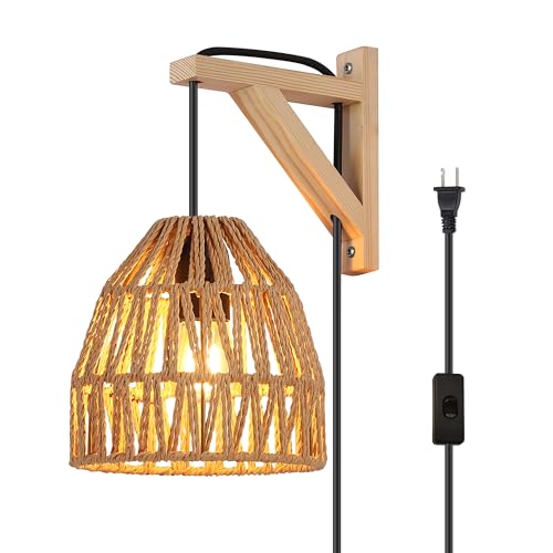 Image of SUNLLOK Modern Plug in Bamboo Wall Light Fixture - Basket Rattan Lampshade Chandelier Hanging Wall Mounted Lamp with Switch, Indoor Wood Wicker Wall Sconces for Kitchen Island Living Room Restaurant