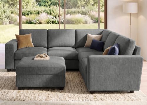 Image of HONBAY Sectional Sofa, 6 Seats 80 Inch L Shaped Couch with Ottoman Pet-Friendly for Small Apartment Living Room, Light Grey