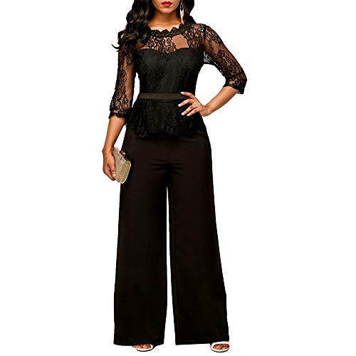 SPI Mono Elegante de Mujer Moda de Encaje de Manga Larga Señora Mono Suelto de Pierna Ancha Ropa de Fiesta de Noche Tallas Grandes, Negro, XL