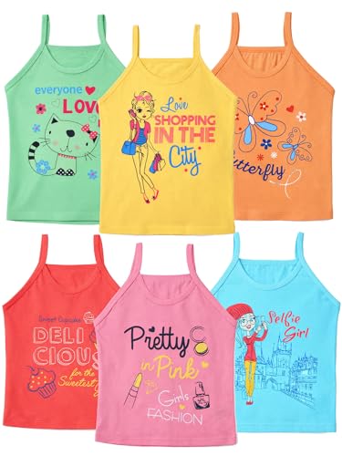 Image of BODYCARE Kids Sleeveless Slip 100% Cotton Slip for Girls | Skin Friendly | Multicolor | Lightweight | Sleeveless Design | Pack of 6 (Color & Print May Vary)