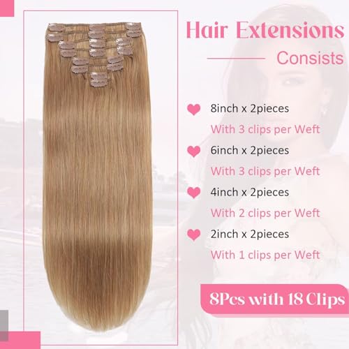 Tebelove Clip in Hair Extensions Real Human Hair 3.6oz/100g Clip ins 100% Brazilian Remy Human Hair Extension for Women 8pcs Per Set with 18 Clips Double Weft (18 Inch #27 Honey Blonde)