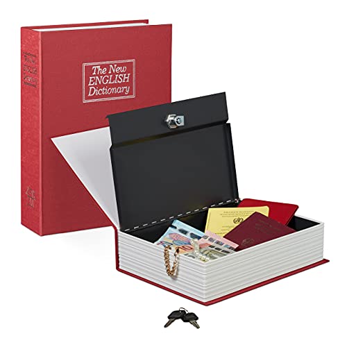 Relaxdays Buchtresor groß, verschließbar, Stahlkassette, 2 Schlüssel, H x B x T: 27 x 20 x 6,5 cm, Geldkassette, rot