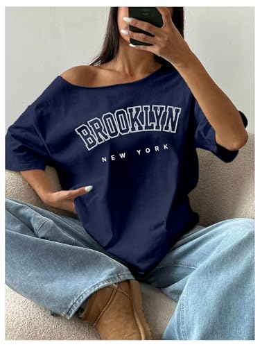 SHENHE Women's Oversized Off The Shoulder T Shirt Letter Print Graphic Short Sleeve Vintage Tee3