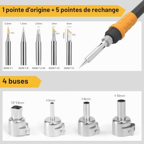 Station de Soudage et Fer à Souder 2 en 1 - 60W avec Écran LCD, Conversion ℉/℃, 5 Têtes de Soudure et 4 Buses à Air Chaud – vue 3