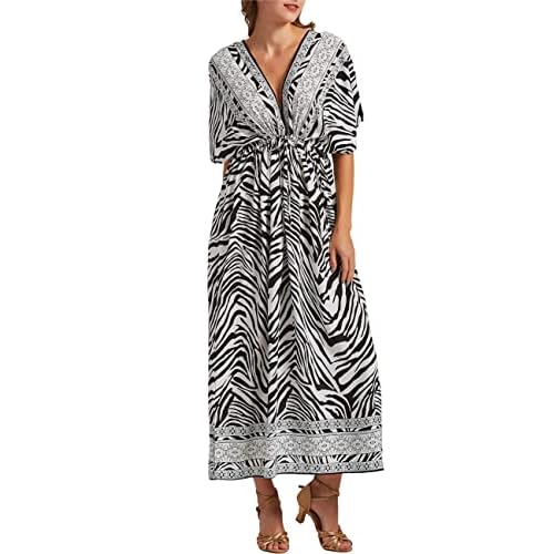 Bsubseach Kaftan Dresses for Women Plus Size Swimsuit Cover Up Long Caftan Dress with Waist Drawstring Zebra Print One Size