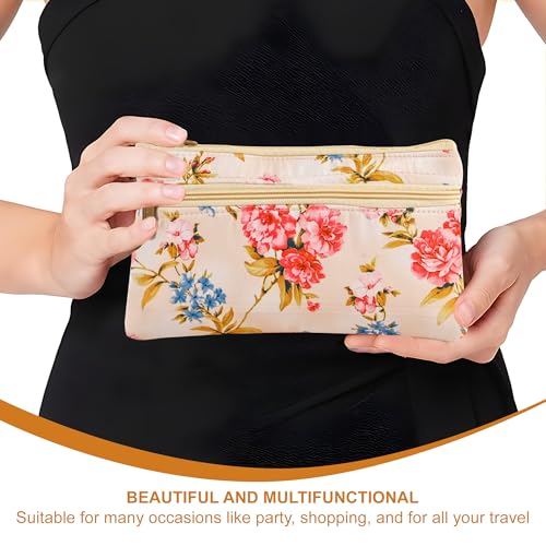 Image of Kuber Industries 2 Pcs Polyester Return Gift Ladies Purse for Women Stylish with Zipper | Small Hand Purse for Women Wallet | Cloth Pouch for Lady for Cash & Accessories | Digital Flower - Cream