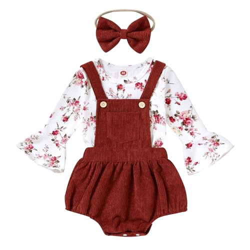 Image of Tiny Cutey Newborn Baby Girl Clothes Bell Sleeve Romper and Corduroy Overalls Shorts Infant Girl Fall Outfits
