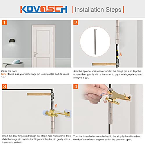 Kovosch 2 Pack Hinge Pin Door Stopper Bright Brass - Adjustable Heavy Duty Gold Hinge Pin Door Stop With White Rubber Bumper Tips #TOP5