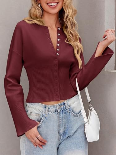 Image of Saodimallsu Womens Cropped Sweaters Cardigan | Button Down,Long Sleeve,V Neck,Ribbed Knit,Slim Fit ,Pullover Crop Tops