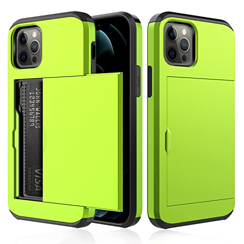 Fastsun Shockproof Hard Back Silicone Case Designed for iPhone 13 Dual Layer Protective Credit Card Holder ID Cards Slot Case Cover Compatible with iPhone 13 (Neon Green)